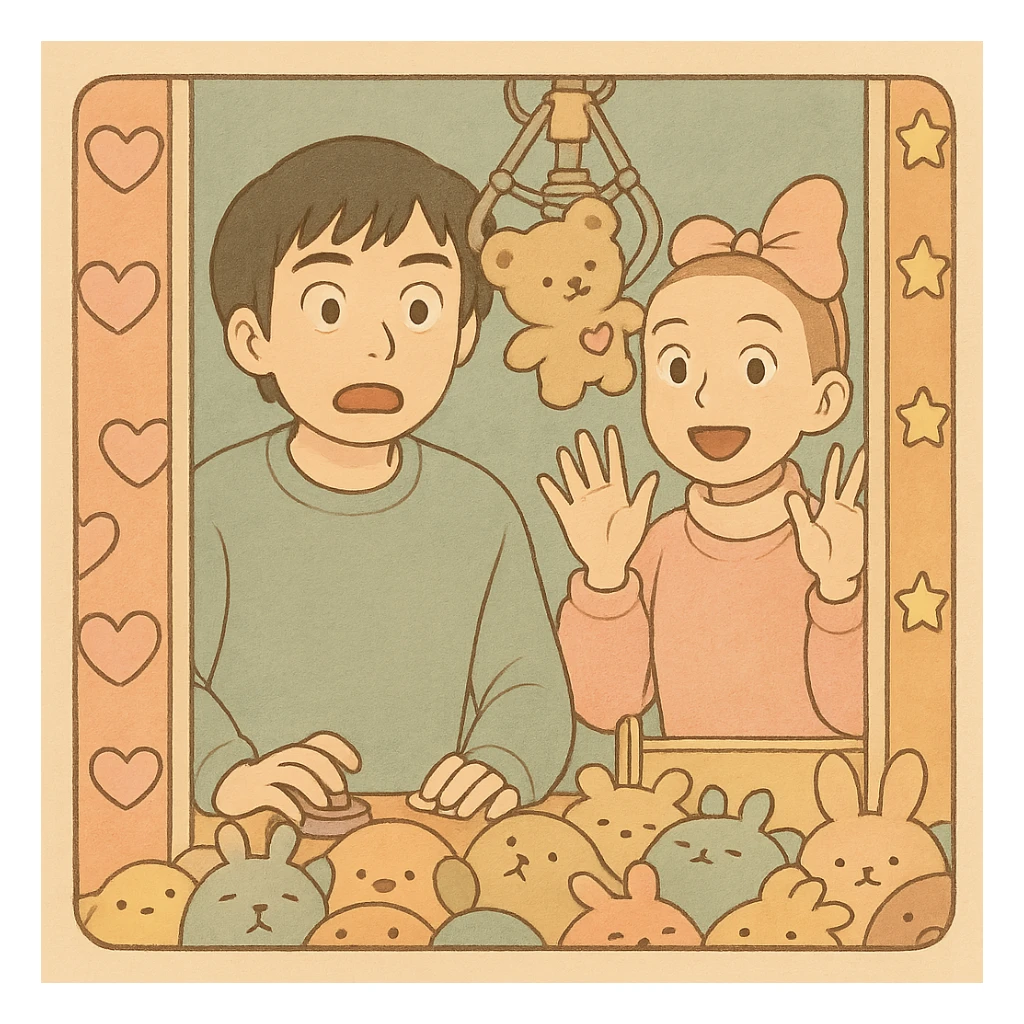 Mike and Eleven from Stranger Things inside a claw machine filled with plush toys, in delicate Ghibli style with thick dark outlines, colored in pastel tones as per the reference examples. Variation 2: Mike with a surprised expression, Eleven smiling. sticker