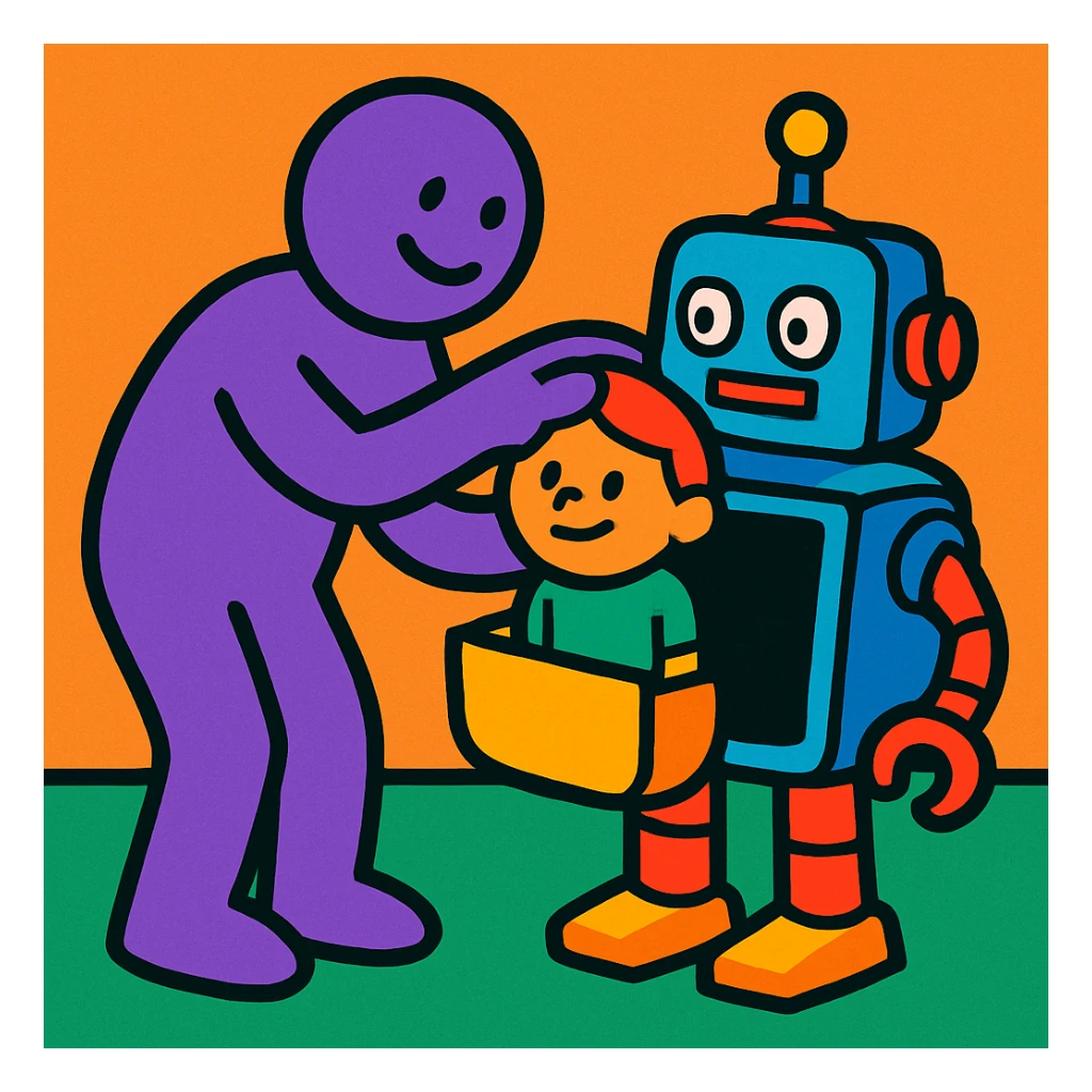 a purple figure placing a child inside a robot, playful illustration, no graphic content, clear expressions sticker