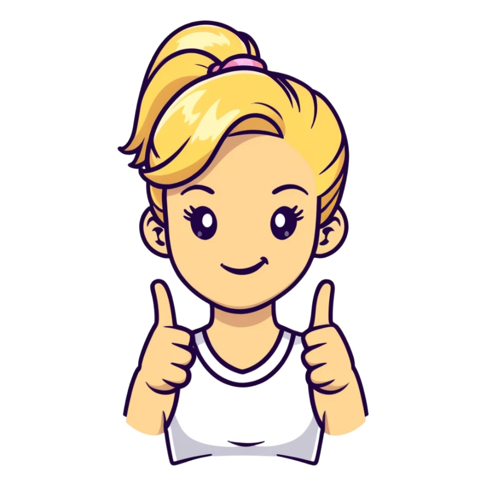 blonde girl with high pony tail hair, winking and making peace sign sticker
