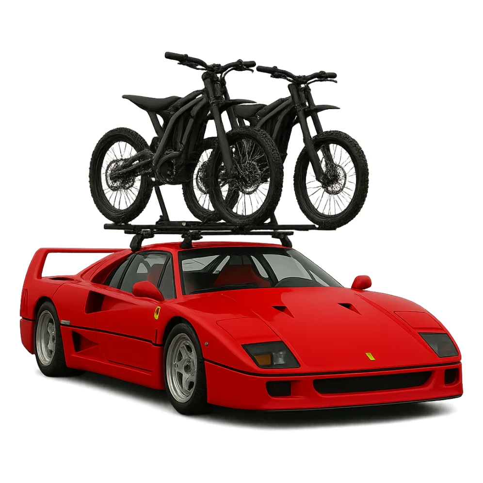 Replace the motorcycle with two Sur-Ron electric bikes mounted on a roof rack on the realistic Ferrari F40. Keep the background transparent. sticker