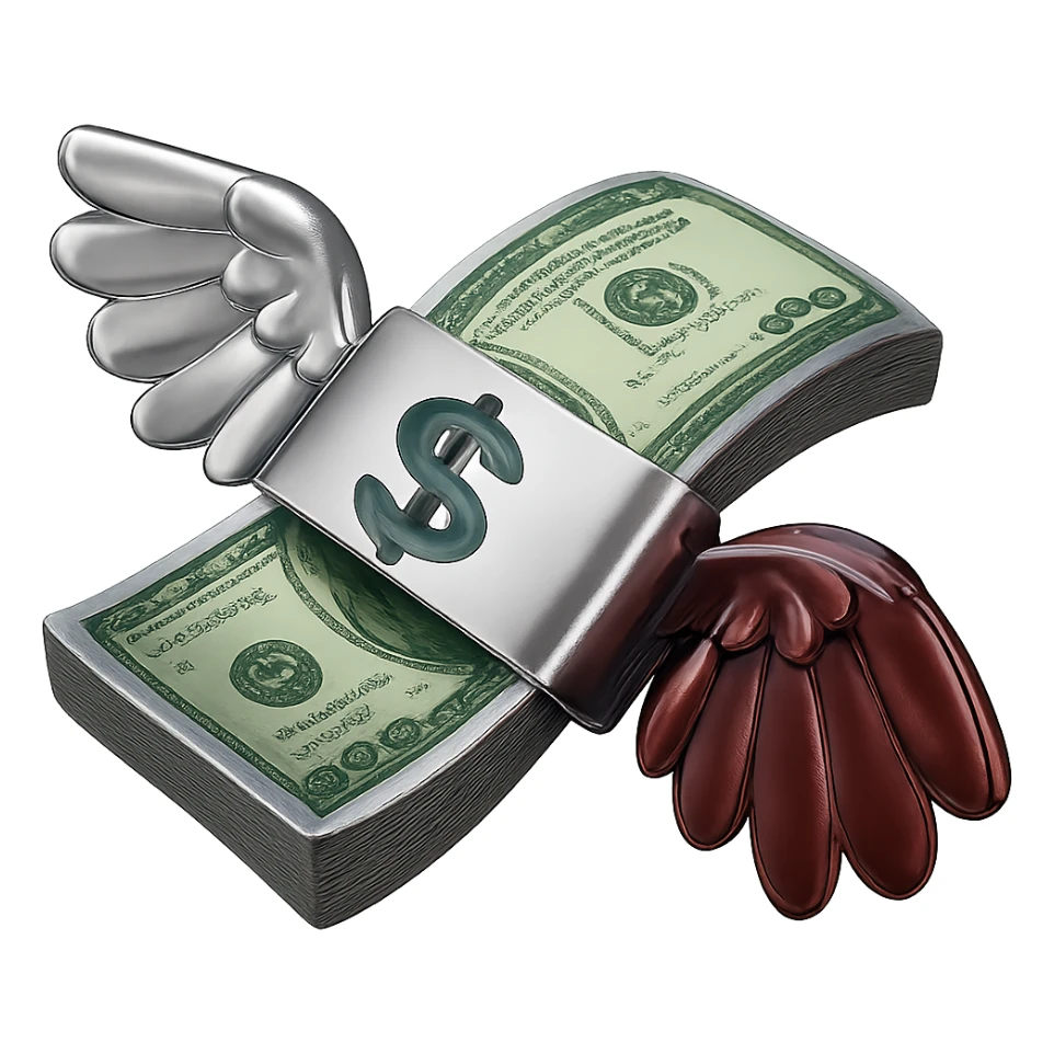 Edit the image to have one wing in chrome silver and the other wing in chrome dark red. Keep the money green and shiny. Remove the background. sticker