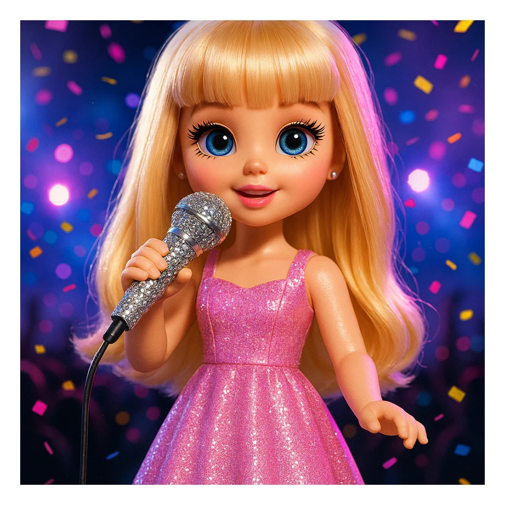 Pretty and girly Blonde pop star with bangs, holding a bedazzled microphone, reimagined as a doll, with a nighttime concert backdrop with colorful confetti sticker