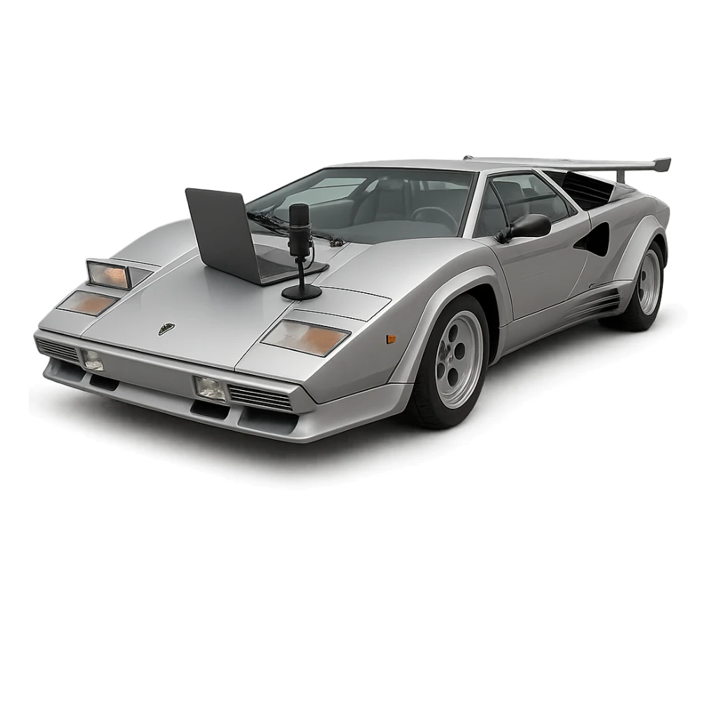 Lamborghini Countach with a laptop and recording microphone on the hood sticker