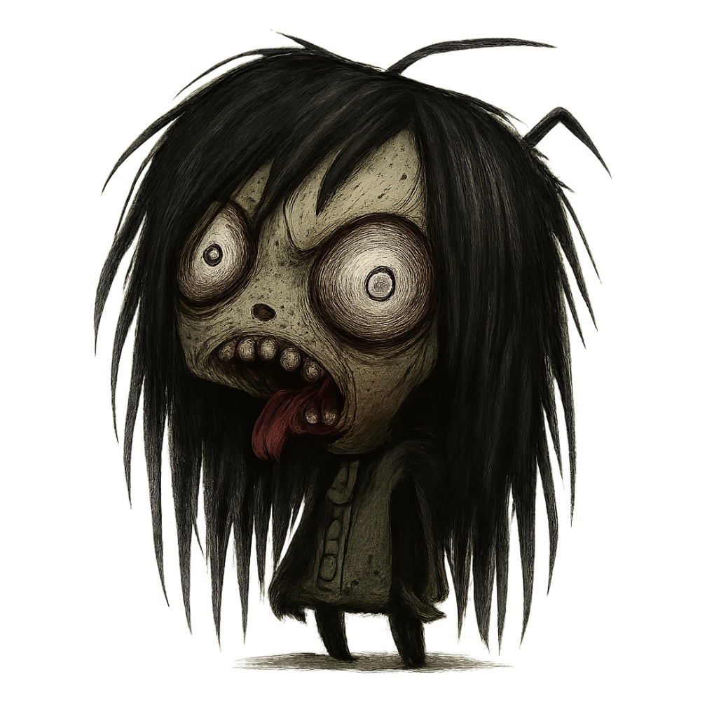 GIR as a zombie with long black hair, emo style, shaggy and dark, creepy expression sticker