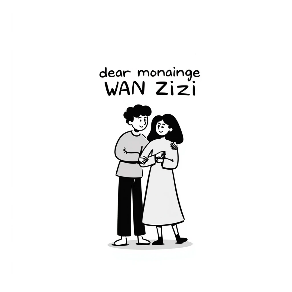 person hugging girlfriend, with text 'dear monainge wan Zizi' sticker