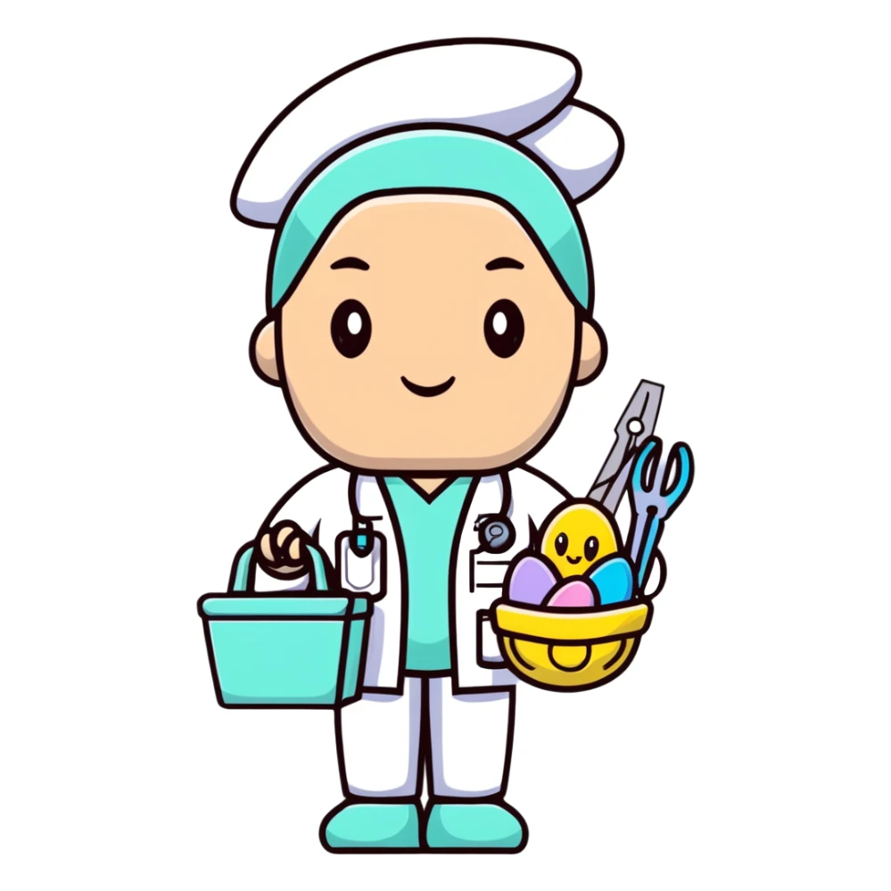 plastic surgeon in pastel scrubs with Easter basket and surgical tools sticker