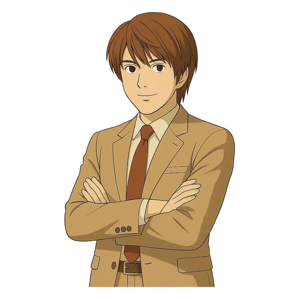 Create an exact Light Yagami in Ghibli style, standing with his arms crossed and a subtle smile, wearing the same suit, with the same confident expression. Match the face, hair, and suit details exactly to the reference image. Transparent background. sticker