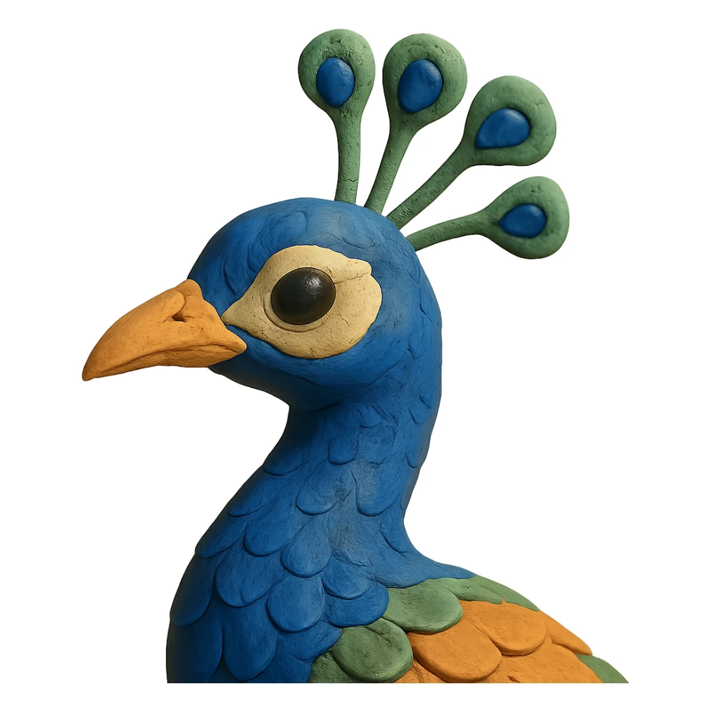 close-up of a peacock's head and neck, soft lighting, detailed feathers, claymation style sticker
