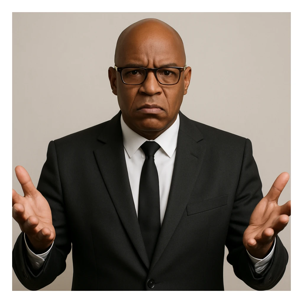 Сгенерируй мне афроамериканца в пиджаке, лысого, в очках, он выглядит солидно. Строго в анфас. Его лицо чуточку недовольно, а руками он размахивает и разводит в сторону. На однородном фоне. sticker
