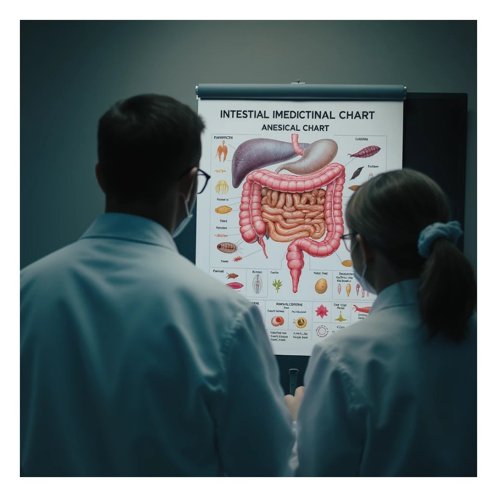 realistic cinematic photo from behind of two doctors in white coats, studying a large medical chart with detailed intestinal parasites, dramatic clinical lighting, 2:3 aspect ratio sticker