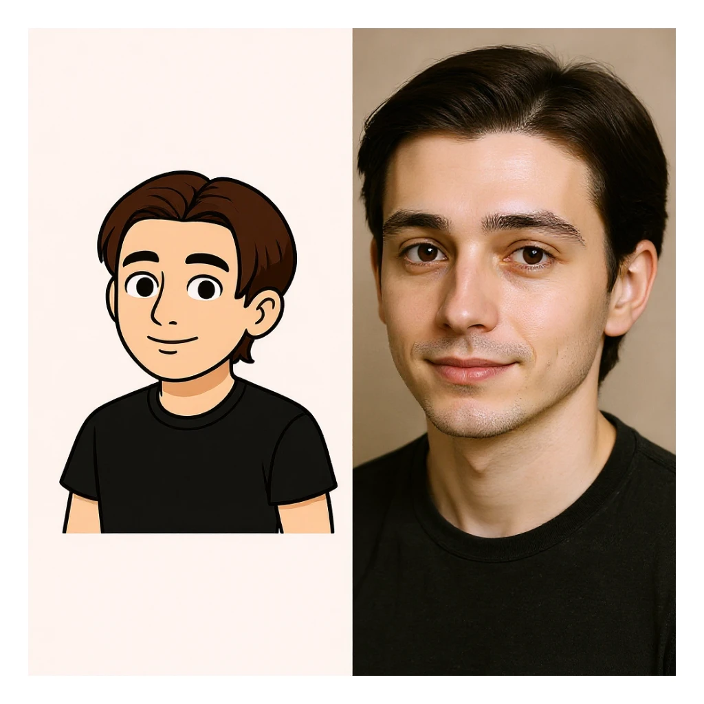 Create a smooth transitional animation between the two images, starting from a photorealistic portrait style and gradually shifting to a softly stylized, gentler lined, slightly cartoonish character while maintaining natural proportions. sticker