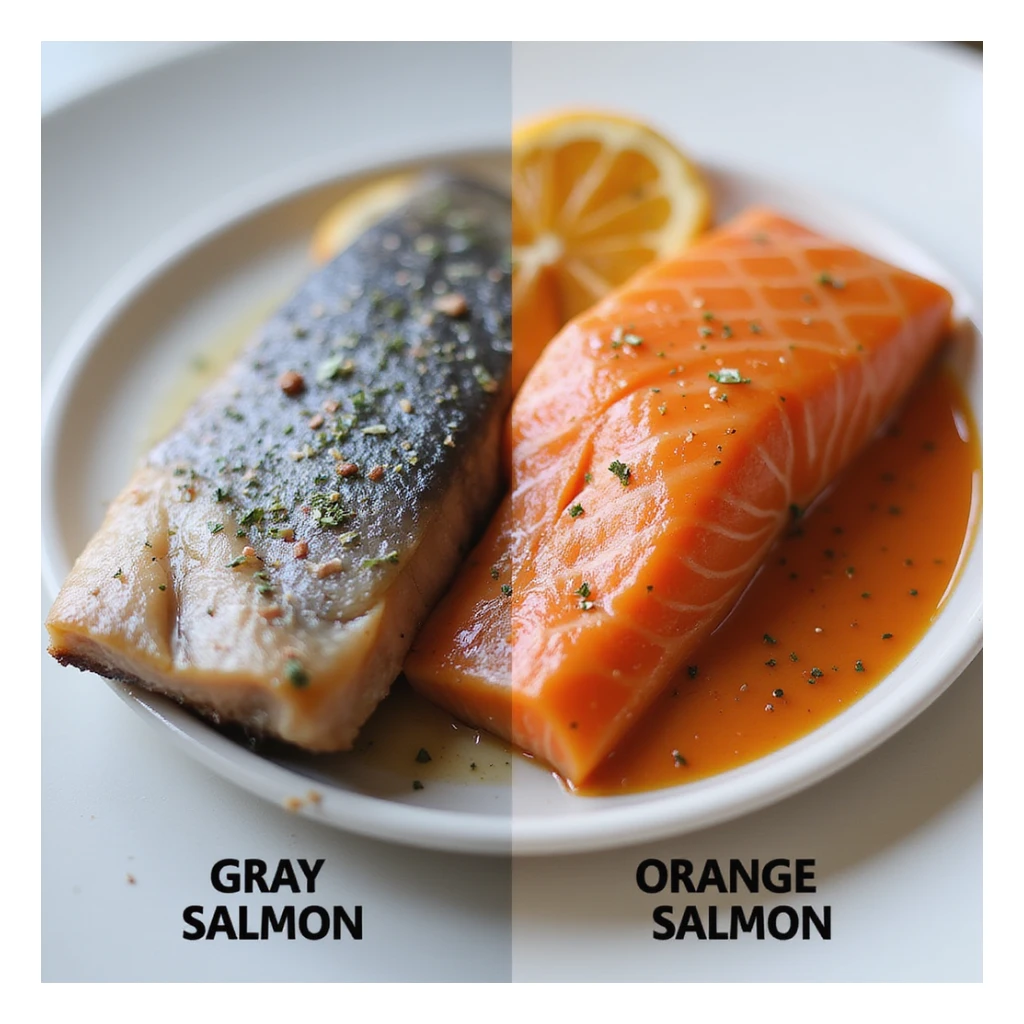 visual comparison infographic style: half image with gray salmon fillet, half with orange salmon fillet, captions 'Gray Salmon' and 'Orange Salmon', realistic style, 4K resolution sticker