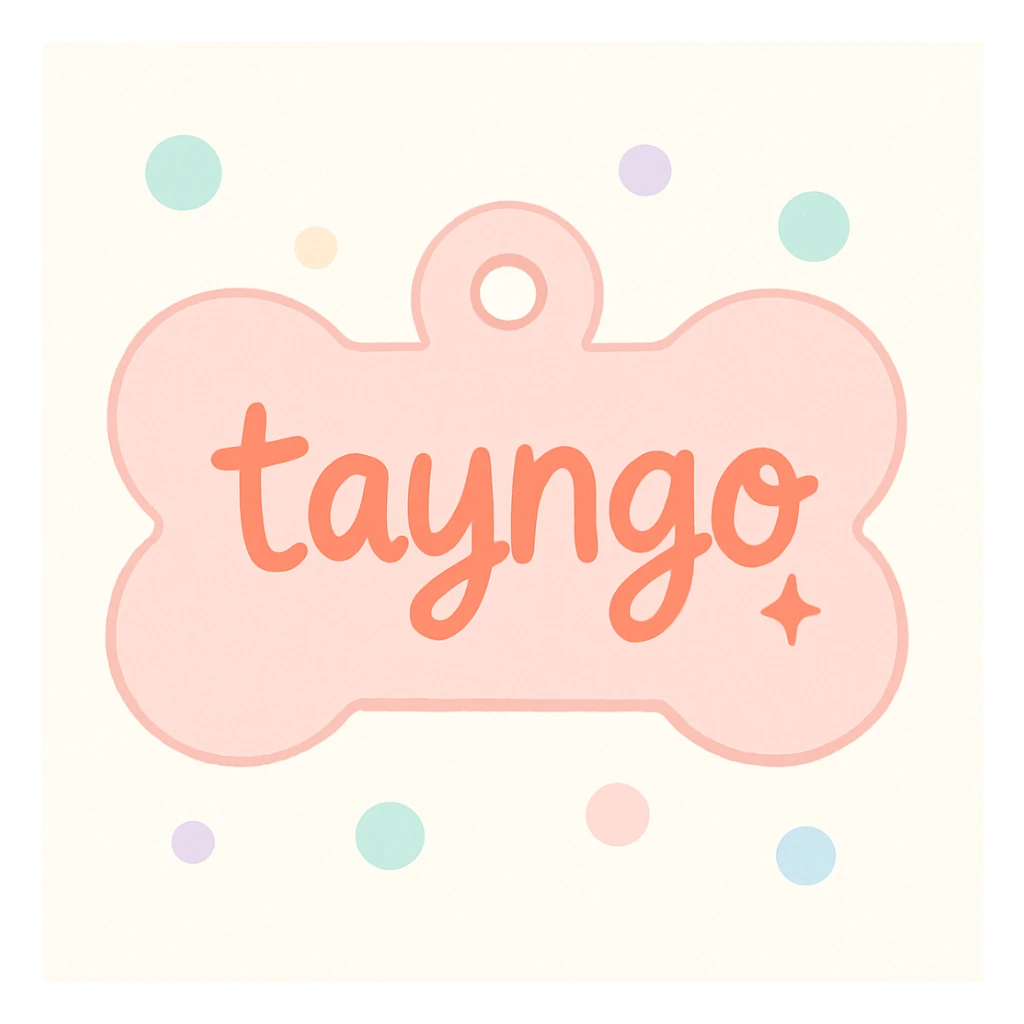 light pink dogtag with 'tayngo' in playful handwritten font sticker