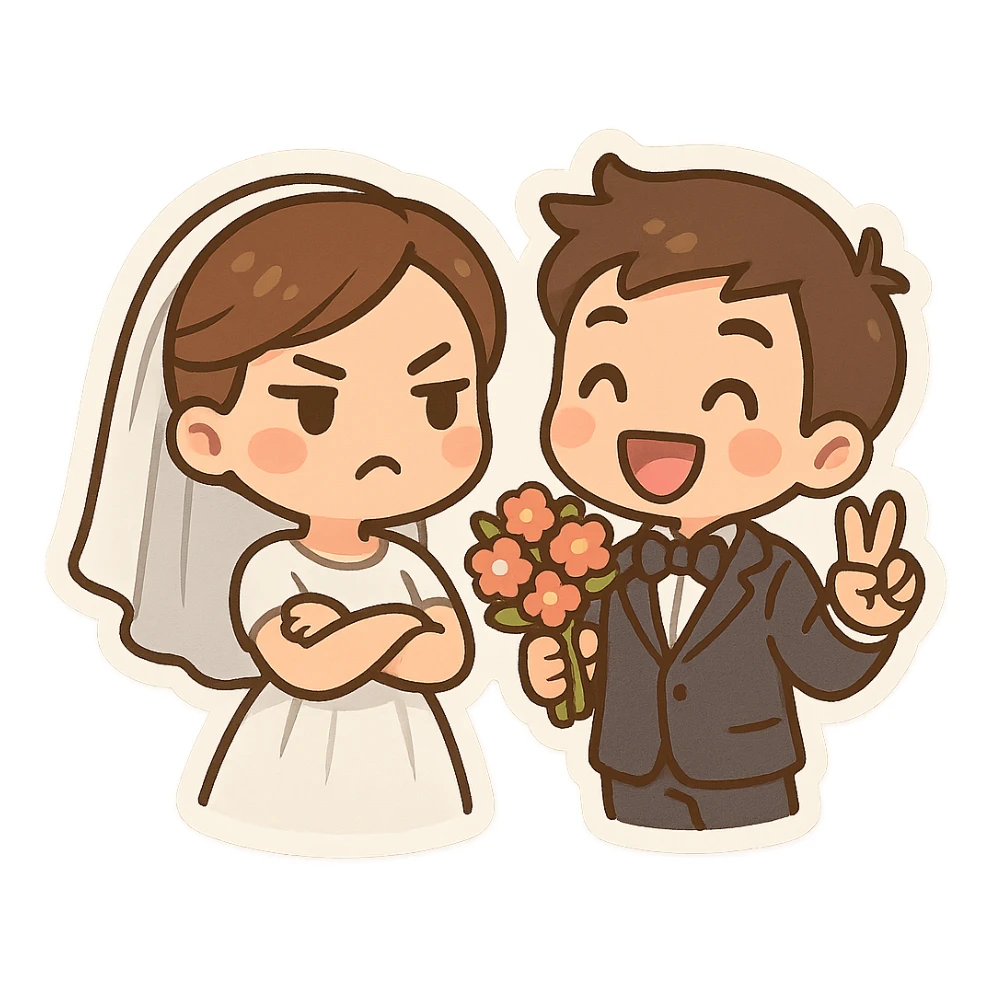 bride with arms crossed and groom holding a peace offering bouquet, both with funny expressions, playful and cute for engagement stickers sticker