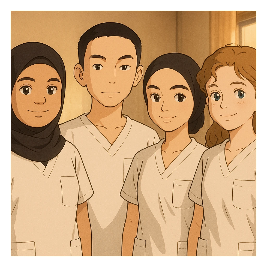 Quatre étudiants infirmiers côte à côte, ambiance chaleureuse, en intérieur, style Ghibli, tenues uniformes blanches à manches courtes sans col, sans sous-pull ni stéthoscopes. Hauts de type tunique médicale, col en V, poche poitrine côté gauche. Visages et attitudes inspirés des quatre photos jointes, composition différente. sticker