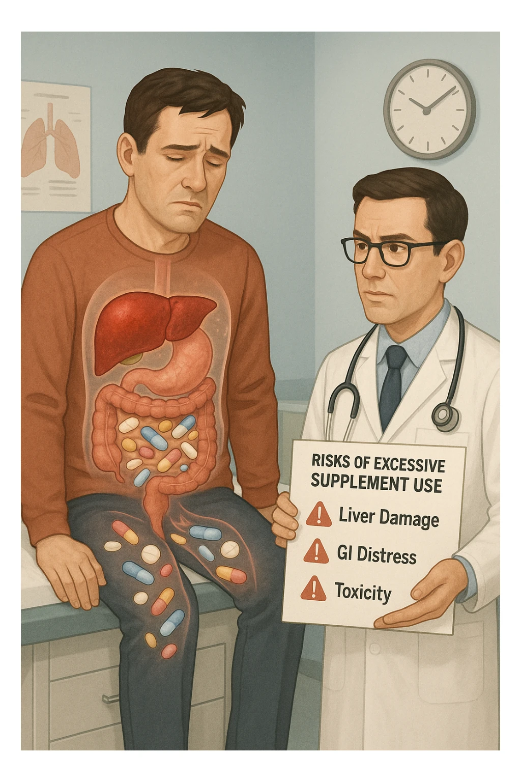 a man sits on a doctor’s examination table, looking fatigued and uncomfortable. A transparent anatomical overlay reveals his liver and intestines, both appearing inflamed and congested, with stylized supplement capsules and pills scattered throughout the digestive tract. The doctor stands nearby, holding a chart that highlights the risks of excessive supplement use. The mood is clinical and educational. sticker
