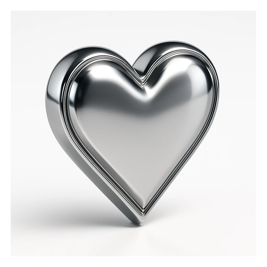 shiny chrome heart icon, highly reflective, metallic look sticker
