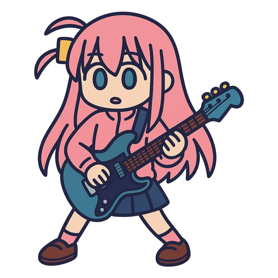 Bocchi the Rock in a pink costume with a guitar sticker
