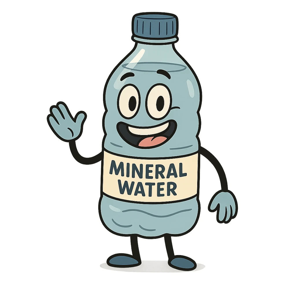 a cartoon mineral water bottle with a smiling face, friendly and cute sticker