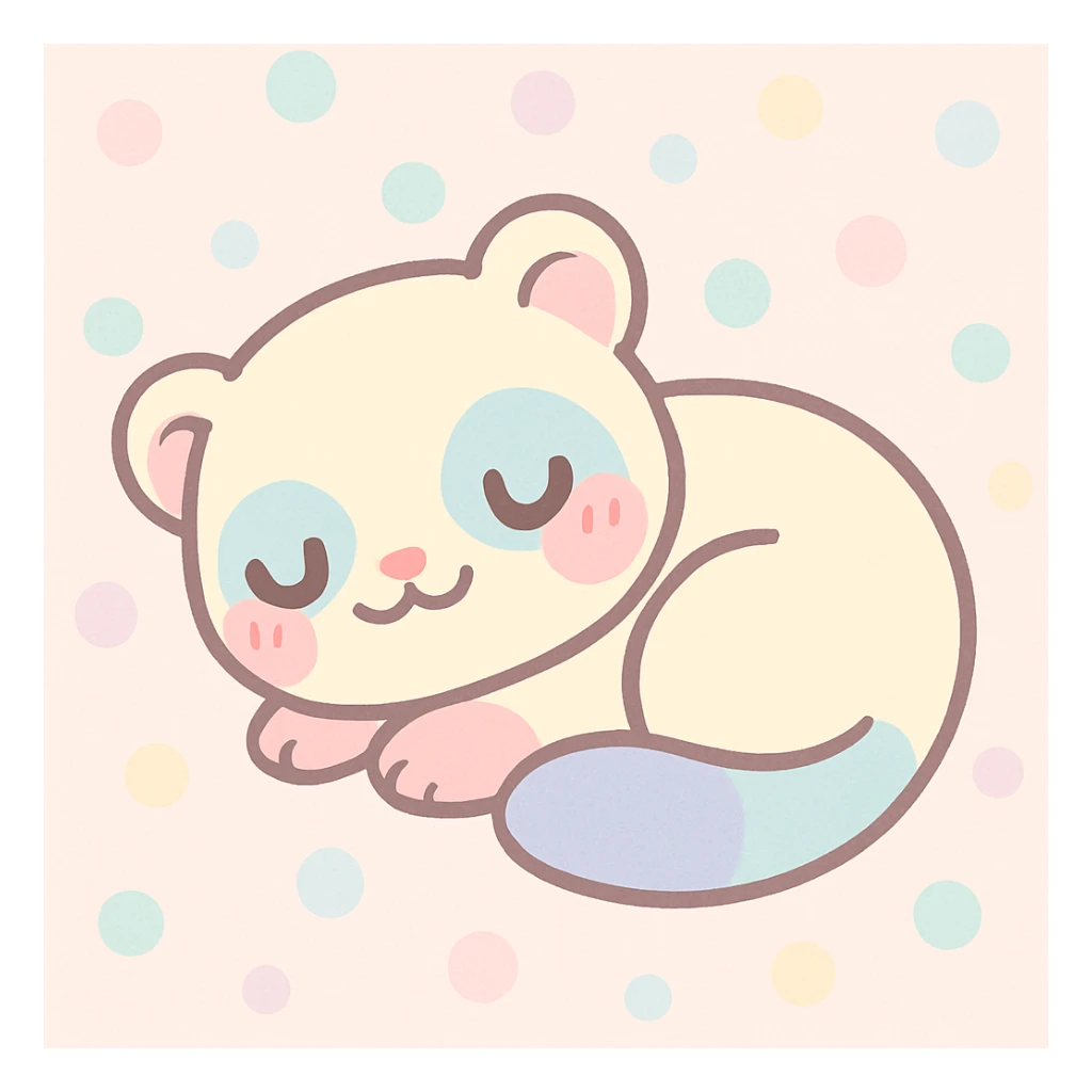kawaii cartoon baby ferret, curled up sleeping, blushing cheeks, soft colors, simple background sticker