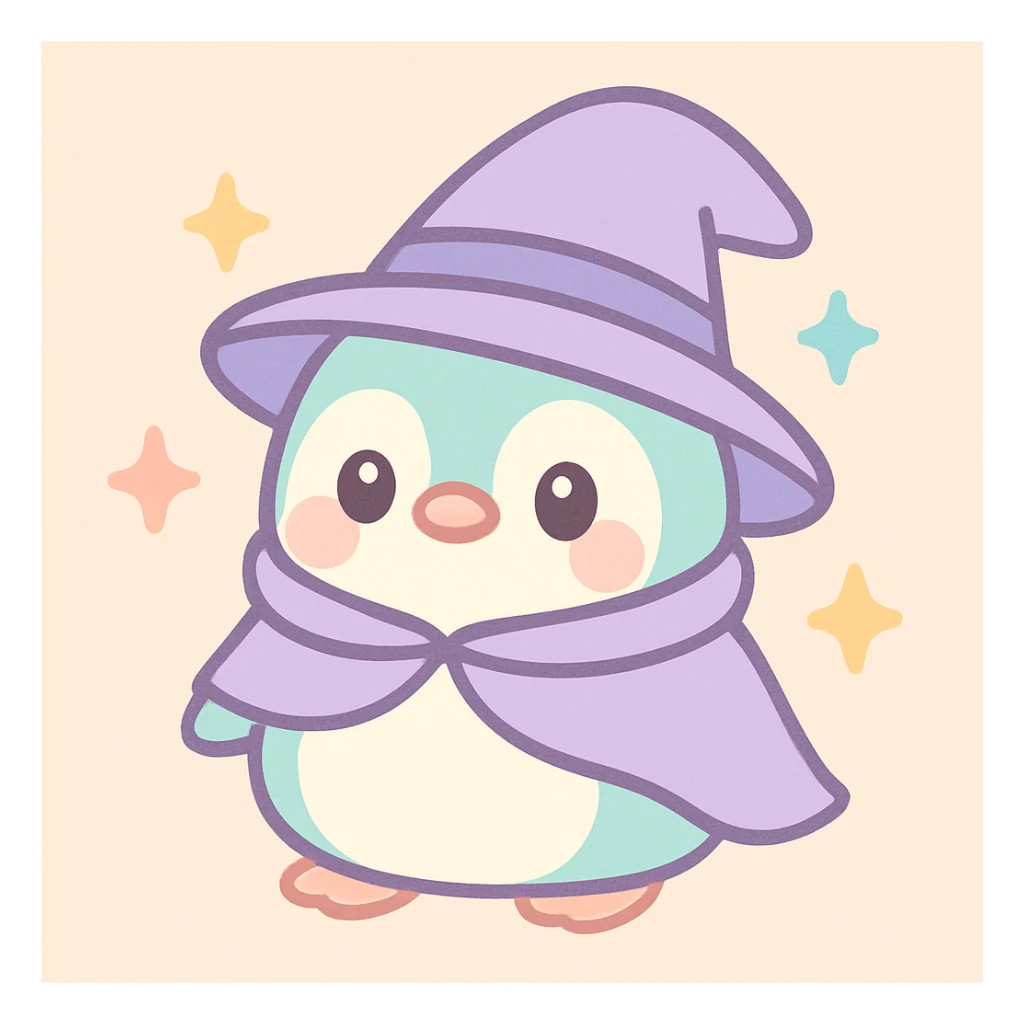 a chubby penguin with a wizard hat and cloak, surrounded by sparkles, soft rounded illustration style, kawaii style, adorable and gentle sticker