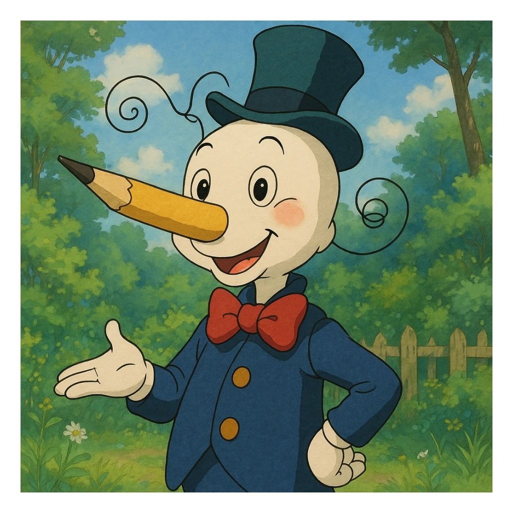 Mr. Squiggle, whimsical cartoon character with a pencil nose, playful and friendly expression, ghibli-inspired style sticker