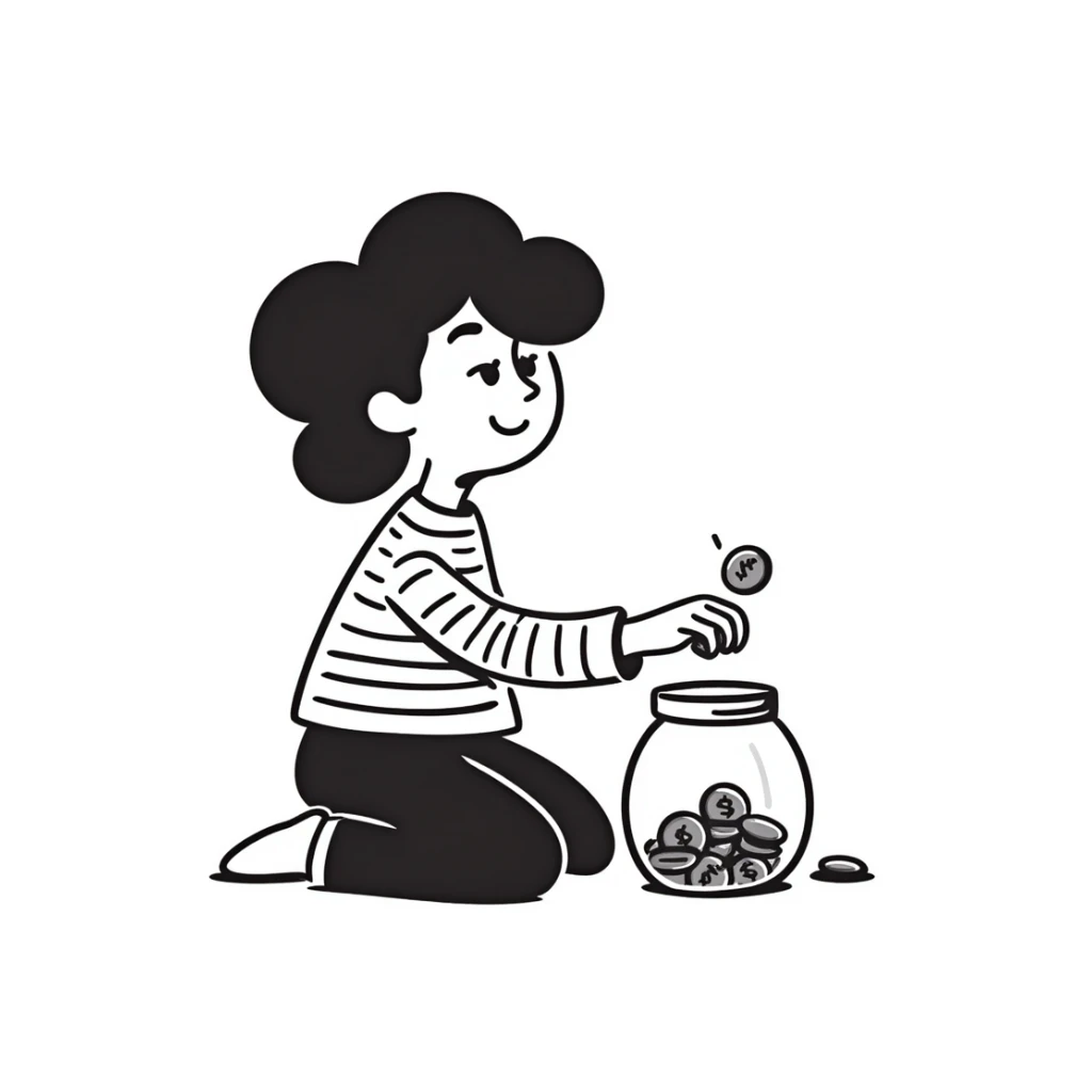 Person happily putting coins in savings jar sticker