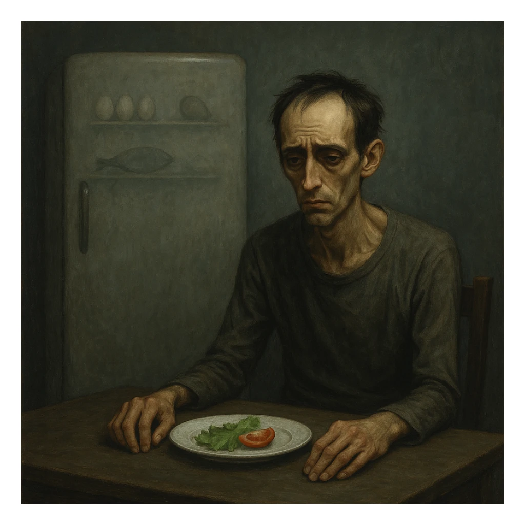 cinematic, symbolic realism; thin, weary man alone at a bare kitchen table, plate with lettuce and tomato slice, frustrated and low-energy expression, sunken eyes, cold empty background, closed fridge with eggs, avocado, fish inside, muted palette sticker
