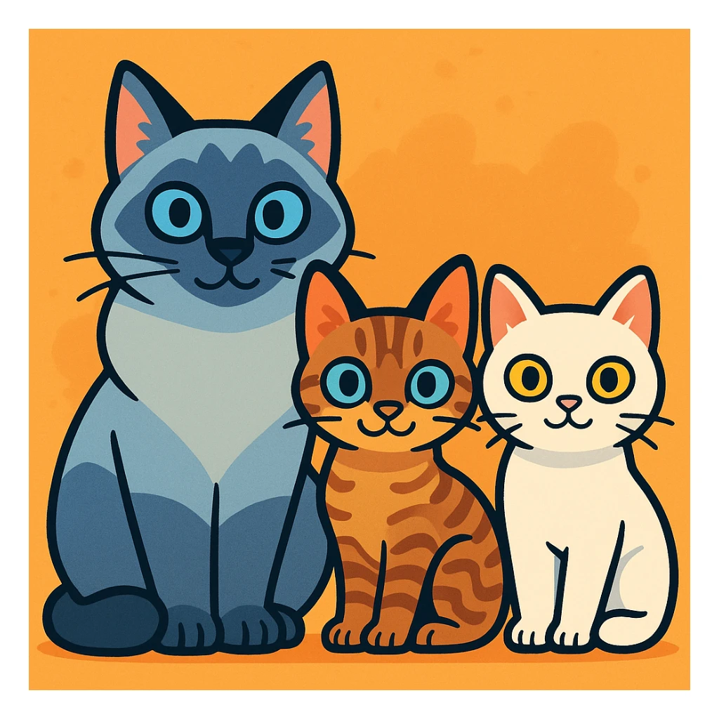 group of three cats in a row, cartoon style: leftmost is a big blue point Birman male with blue eyes, middle is a small brown tabby Devon Rex female with pale blue eyes, rightmost is a small white British Shorthair female with yellow eyes, all facing forward sticker