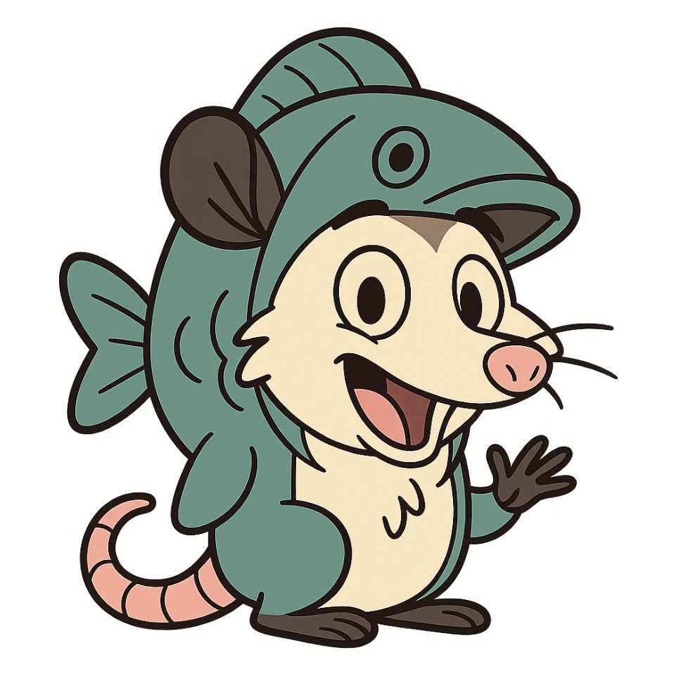 cute cartoon possum dressed up like a fish sticker