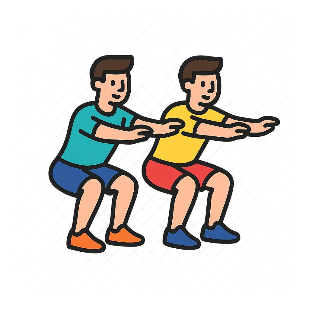 two male gym buddies doing squats together, modern and easy to understand icon style sticker