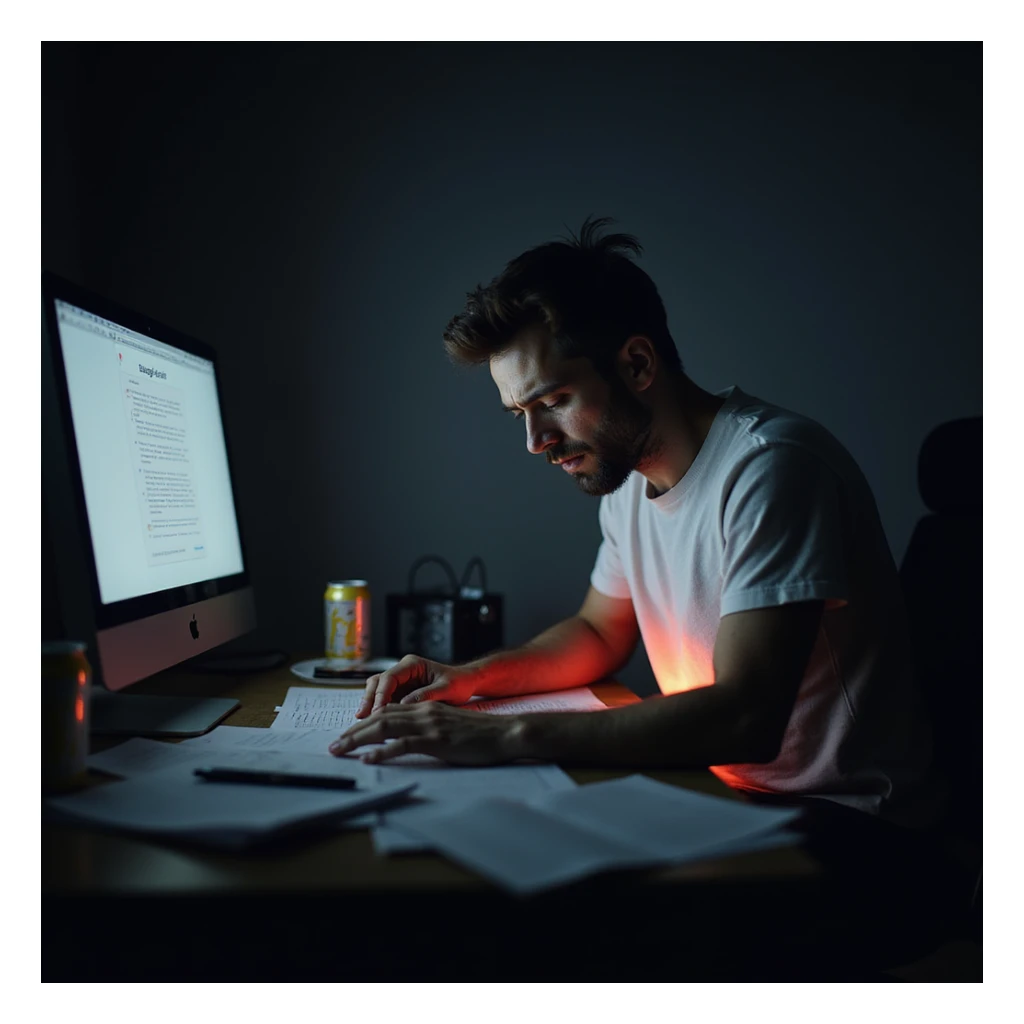 realistic man at desk late night, surrounded by paperwork and energy drinks, glowing computer, deep fatigue, dark circles, slouched posture, faint red glow on gut, moody burnout health risk visual sticker