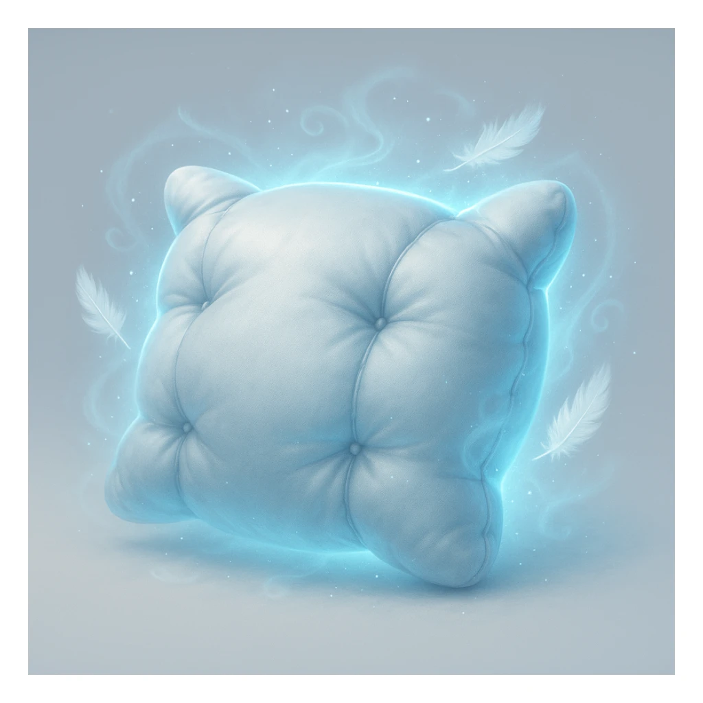 enchanted pillow radiating cool silver and blue light, with misty swirls and sparkling feathers, frost aura and magical energy supporting a peaceful dreamy sleep symbolizing pain relief and comfort sticker