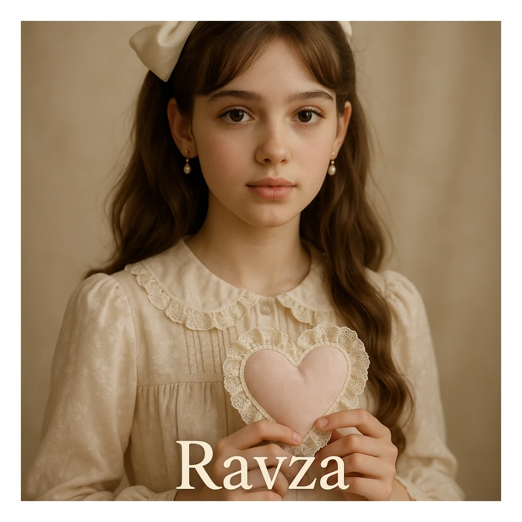 15 year old girl named Ravza, coquette style, holding a heart-shaped accessory, soft lighting, delicate details sticker