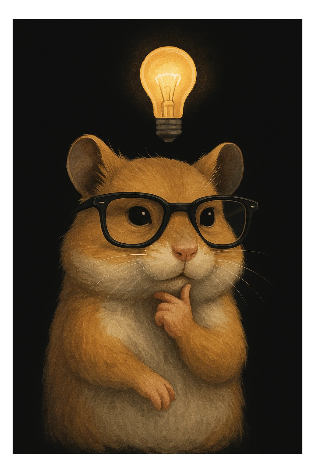 modern, semi-realistic hamster thinking about an idea, wearing cool glasses, with a lightbulb above its head, sophisticated illustration style, mature and contemporary look, solid black background sticker