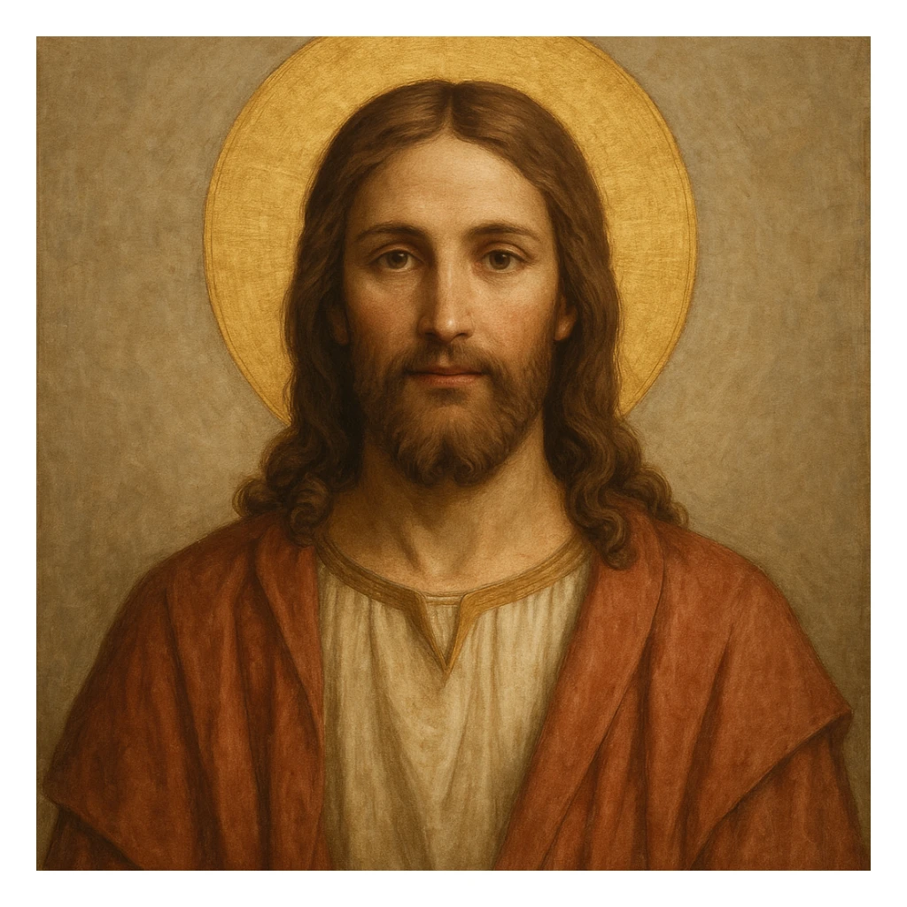 Jesus Christ in classic religious style, with halo, kind expression, long hair and beard, traditional clothing, neutral background sticker