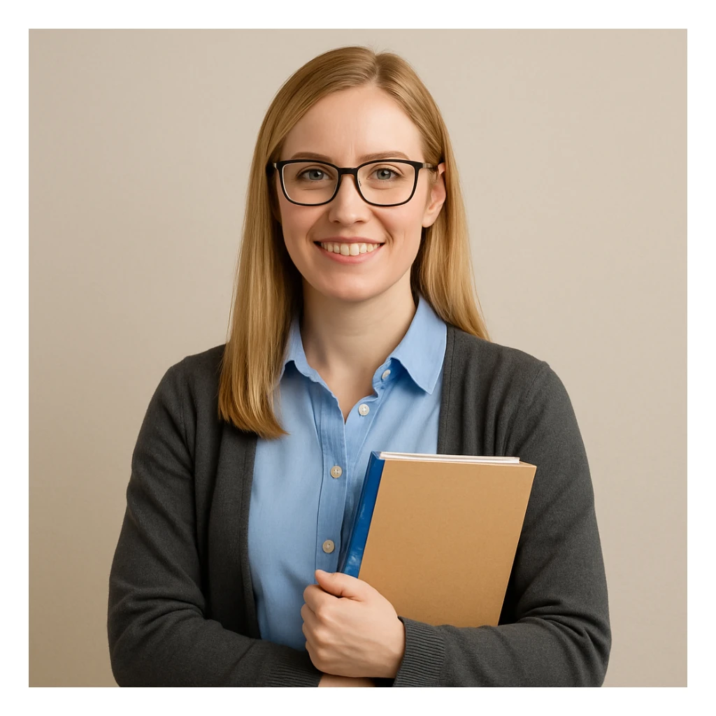 profesora de pelo liso rubio y piel clara, fondo simple sticker