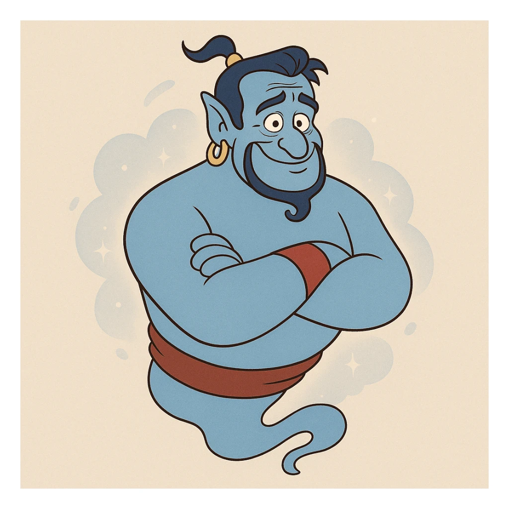 Genie character, blue, inspired by Robin Williams, floating, arms crossed, magical aura, cartoon style sticker