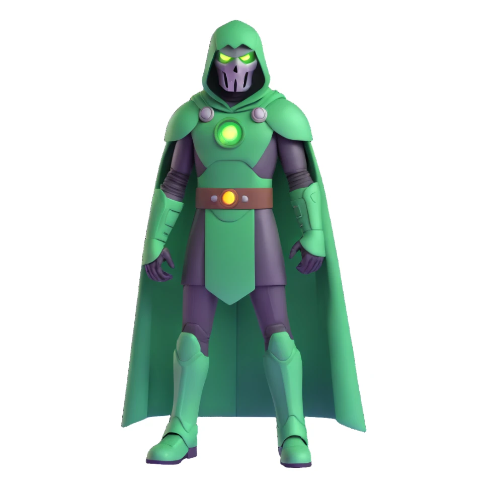 Doctor Doom standing tall with glowing green eyes behind his metal mask, full body view sticker