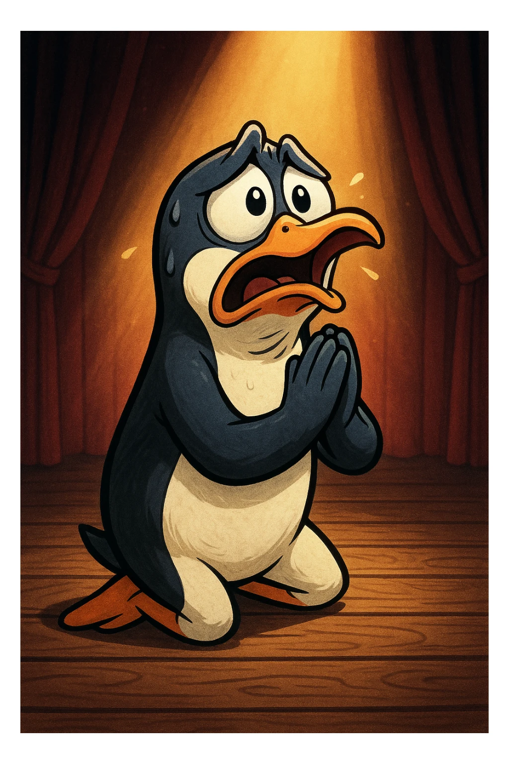a cartoon penguin kneeling, flippers pressed together, dramatic facial expression, praying and begging, stage-like background, theatrical lighting sticker