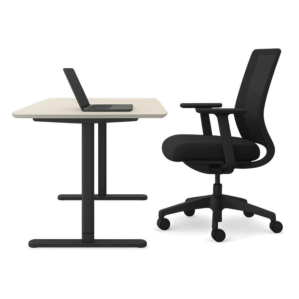 Add a laptop on the desk, keep the style and side view. The style is a side view illustration with no background. sticker