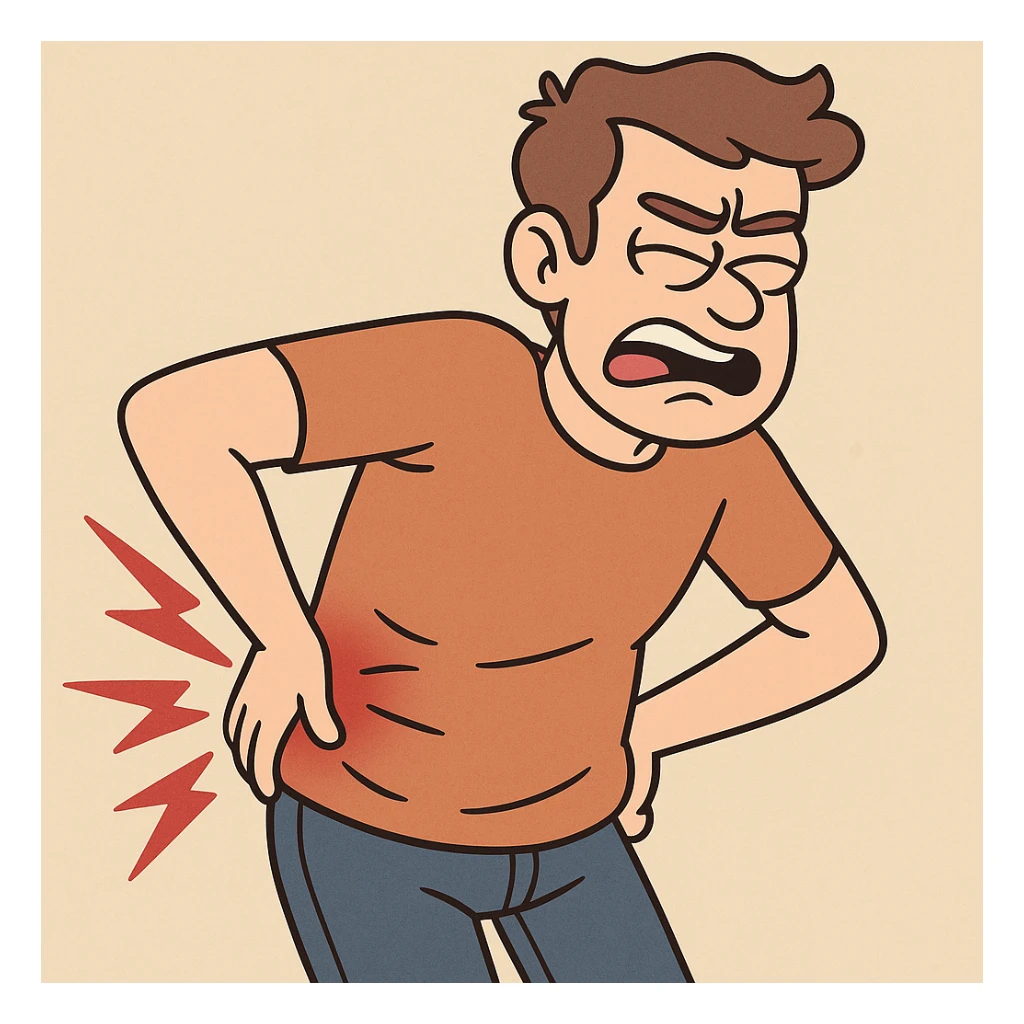 person holding lower back in pain, cartoon style sticker