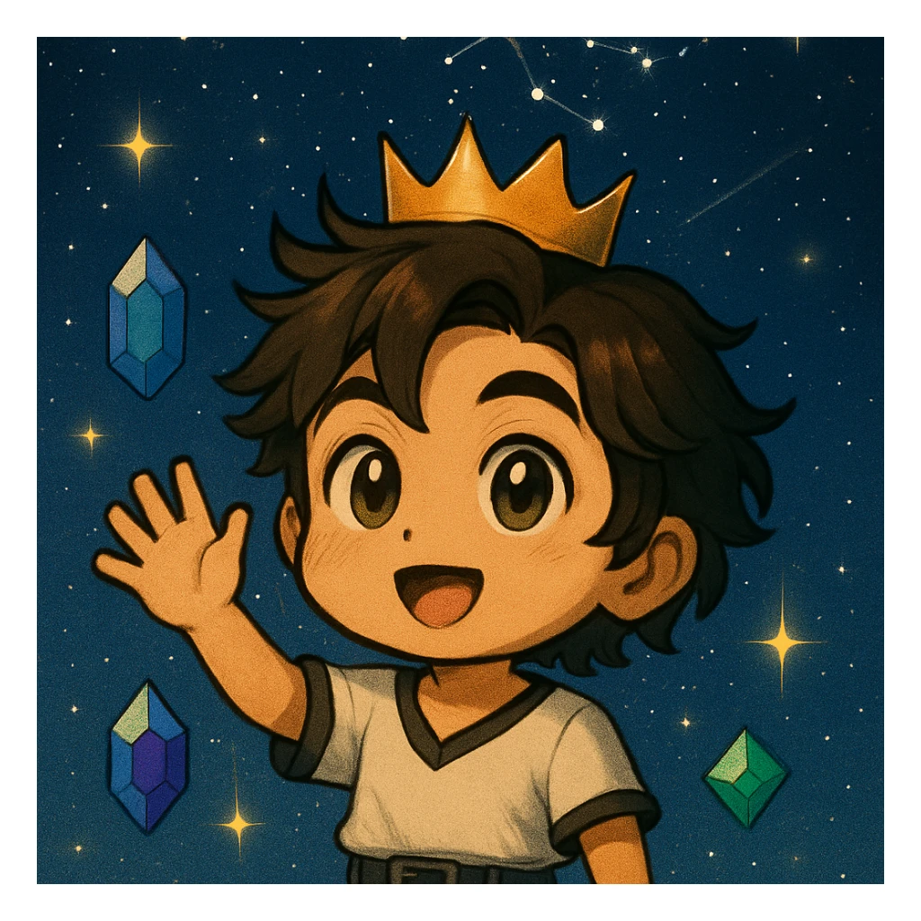 Make the character waving with one hand raised and add a simple golden crown on the head, keeping the same illustration style as the reference image. sticker