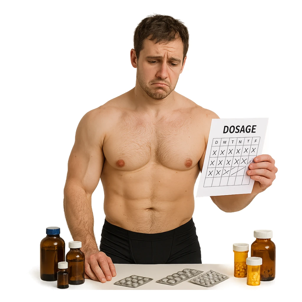 realistic inexperienced bodybuilder with asymmetric muscles, surrounded by bottles and blister packs of drugs, dosage chart with errors, downcast expression, white background, 4K quality sticker