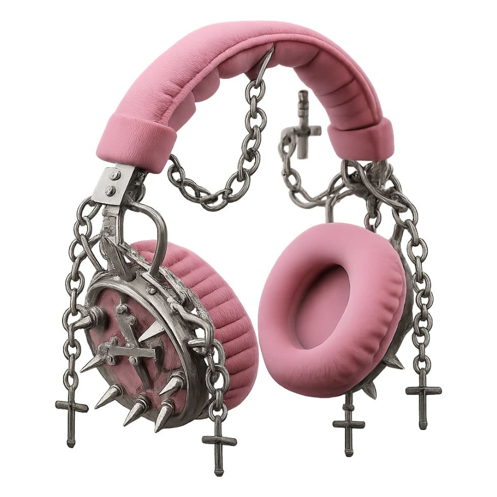 Add dramatic silver chains and dangling cross charms to the realistic pink gothic headphones with velvet ear cups, silver spikes, and subtle cross motifs. Keep the background transparent. Maintain the realistic pink gothic style with velvet texture and silver details. sticker