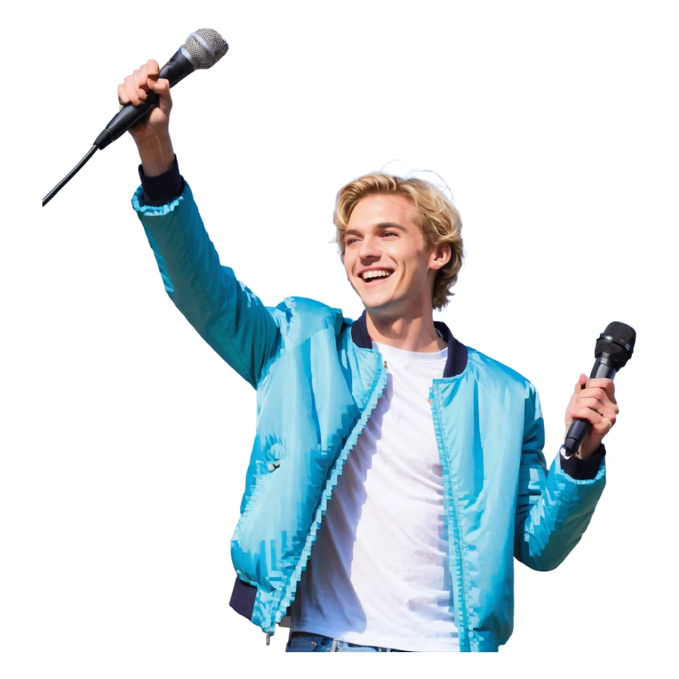 Pixel art style, expressive male performer, Caucasian features, short sandy blonde hair, lively eyes, wide cheerful smile, wearing a sky blue jacket over white tee, tossing a microphone in one hand, waist-up, front-facing sticker