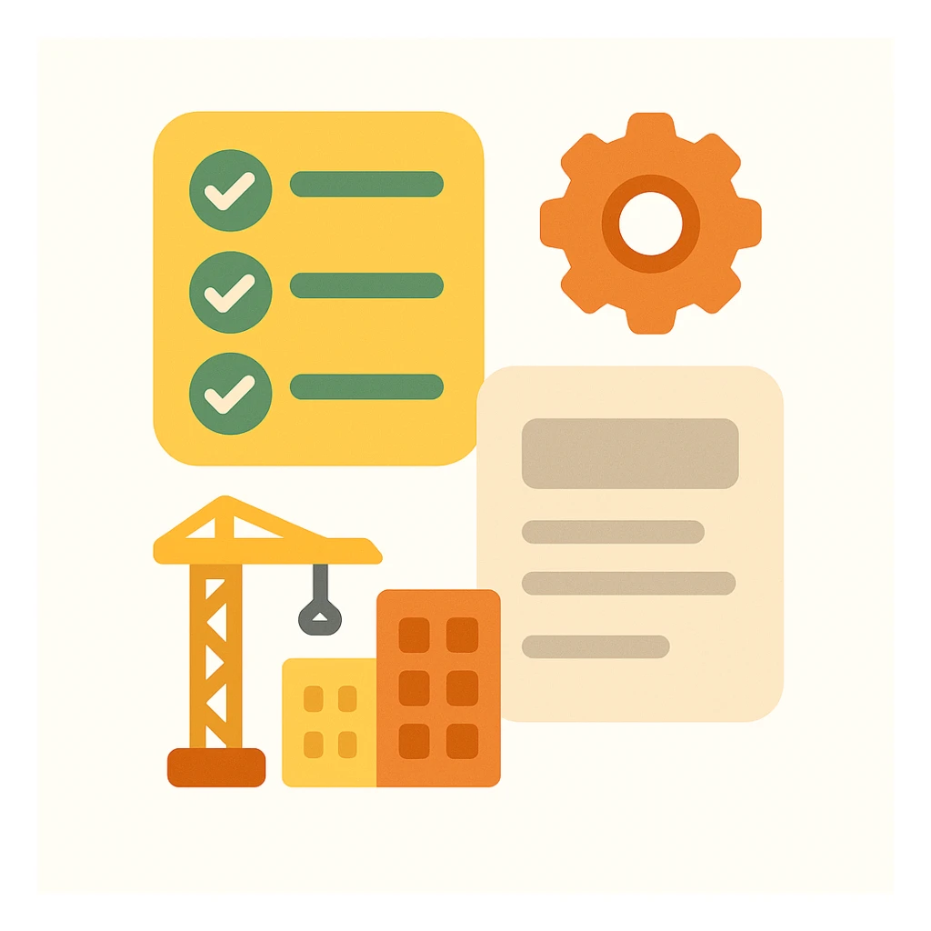 Flat emoji-style illustration of a software registry for a construction company. Includes a checklist/database icon, small gear/settings symbol, building/crane for construction theme, and a simplified UI card with lines for descriptions. Rounded shapes, soft shadows, friendly color palette. Clear, professional, and approachable sticker