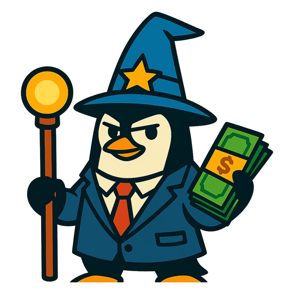 penguin wizard in a suit and tie, holding a magic staff and a stack of money, clever ambitious look, vibrant toon style sticker