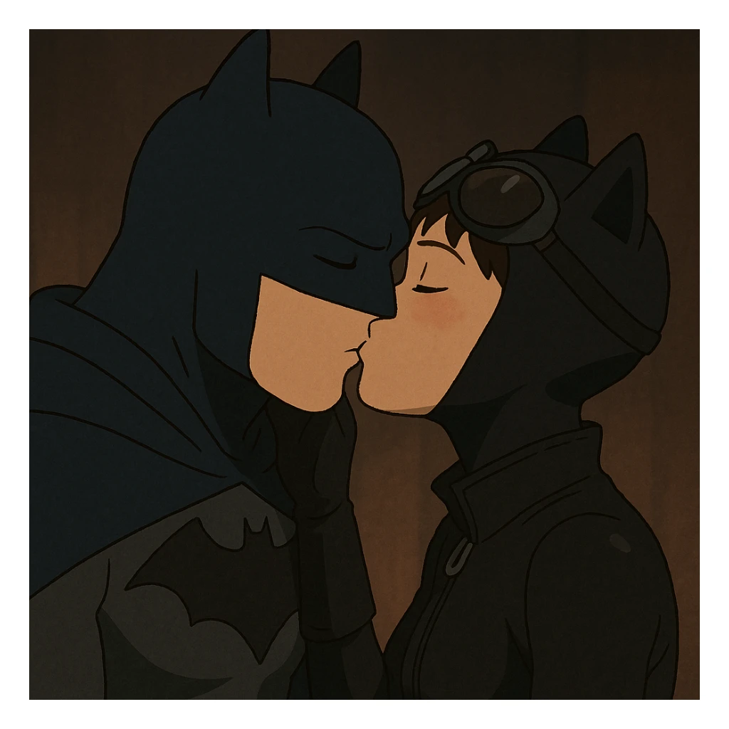 Batman and Catwoman kissing, Ghibli style, softness and emotion, dim lighting, costumes inspired by the characters sticker