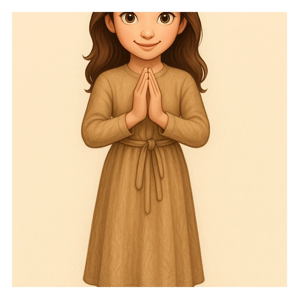 Enhance the face to be very pretty and detailed, with expressive features. Make the dress more detailed and textured, keeping the same light tan color and fullbody pose. Render in emoji style. sticker